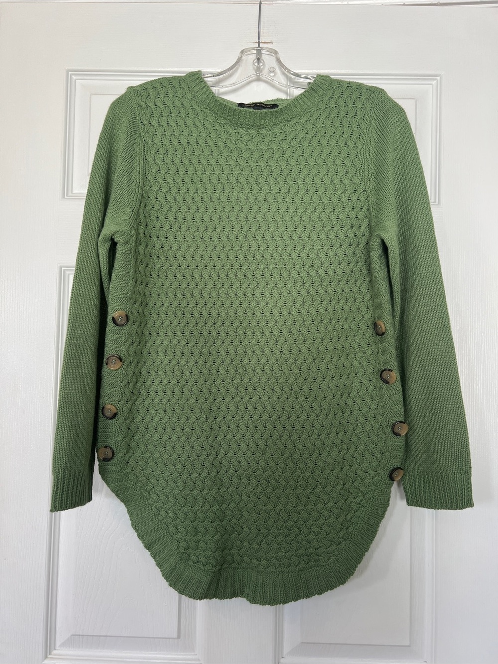 kathy ireland sage green crewneck button-side textured knit sweater